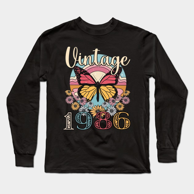 Floral Butterfly Retro Vintage 1986 37th Birthday Long Sleeve T-Shirt by nakaahikithuy